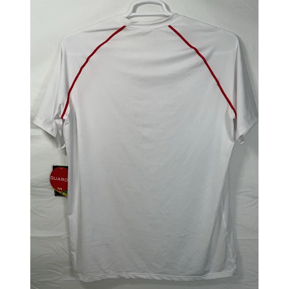 NWT Men's TYR Life Guard Short Sleeve Rashguard Shirt - White‎ & Red - Medium